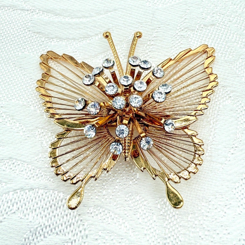 Vintage Monet Butterfly Gold Tone Pin w/ Elegant Wire Work and Rhinestones